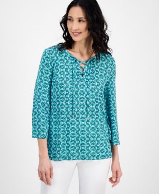 JM Collection - Women's Kayla Geometric Split-Neck Blouse
