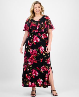 Connected - Plus Size Floral Cape-Overlay Maxi Dress