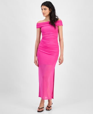 Bar III - Women's Off-The-Shoulder Ruched Mesh Dress