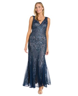 R & M Richards - Women's Beaded Godet-Mesh V-Neck Gown