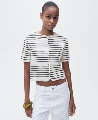 MANGO - Women's Short Sleeve Striped Cardigan Sweater