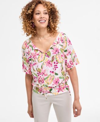 JM Collection - Women's Printed Split-Neck Elbow-Sleeve Top, Exclusively at Macy's