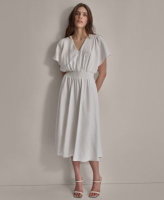 DKNY - Women's V-Neck Smocked-Waist Short-Sleeve Dress