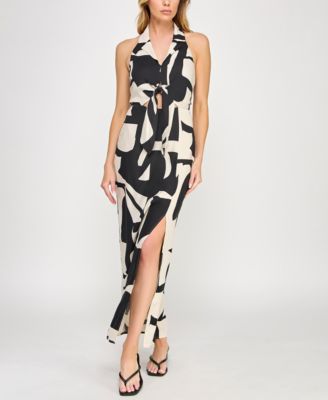 INVITEE - Juniors' Print Notch-Collar Halter Dress