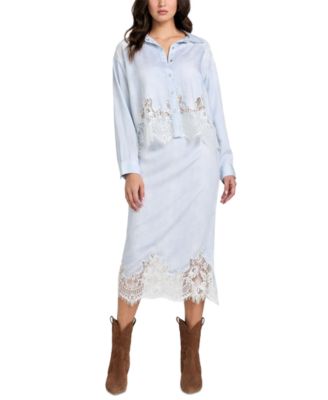 GUESS - Women's Lana Midi Lace-Trim Denim Skirt