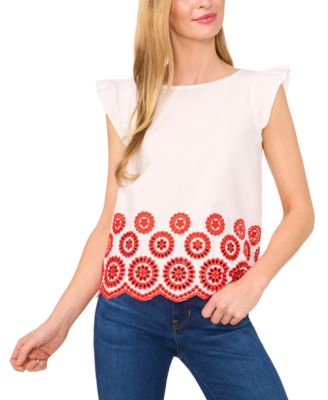 CeCe - Women's Contrast Embroidered Cotton Cap-Sleeve Blouse