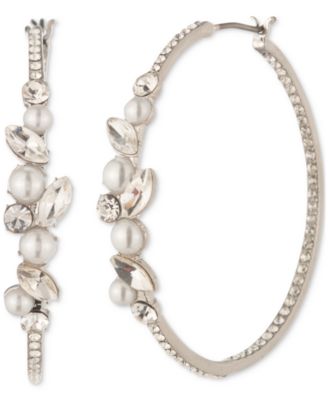 Givenchy - Silver-Tone Medium Crystal & Imitation Pearl Hoop Earrings, 1.57"
