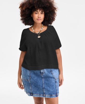 On 34th - Plus Size Cotton Gauze Scoop-Neck Puff-Sleeve Top