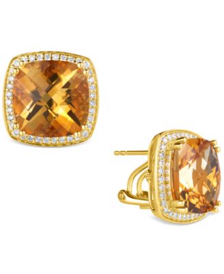 Macy's - Citrine (10 ct. t.w.) & Diamond (3/8 ct. t.w.) Cushion Halo Stud Earrings in 14k Gold