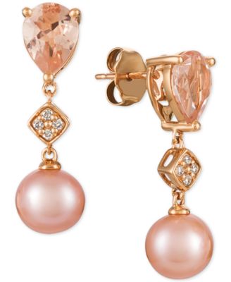 Le Vian - Peach Morganite™ (1-1/2 ct. t.w.), Pink Cultured Freshwater Pearl (9mm), and Diamond Accent Drop Earrings in 14k Rose Gold