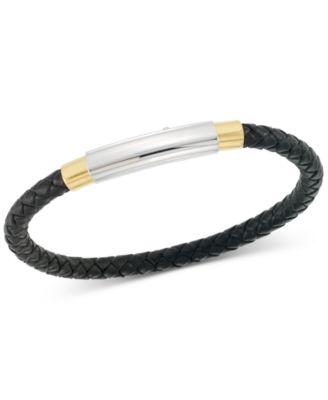 LEGACY for MEN by Simone I. Smith - Two-Tone Woven Black Leather Bracelet in Stainless Steel & Yellow Ion-Plate