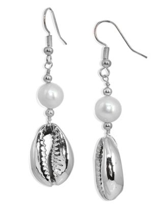 Macy's - Freshwater Pearl Puka Shell Drop Earring in Fine Silver Plate