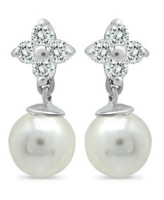 Macy's - Imitation Pearl and Cluster Cubic Zirconia Drop Earrings Crafted in Fine Silver Plate