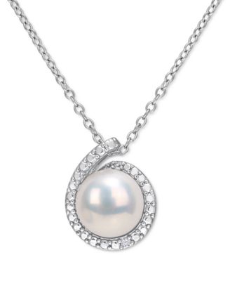 Macy's - Cultured Freshwater Pearl (8mm) & Diamond Accent Halo 18" Pendant Necklace in Sterling Silver