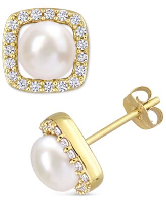 Macy's - Cultured Freshwater Pearl (6mm) & Lab-Created White Sapphire (3/8 ct. t.w.) Square Halo Stud Earrings in 10k Gold