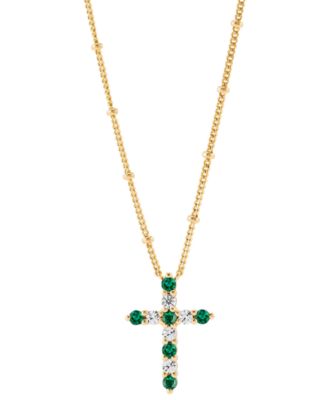 Macy's - Lab-Grown Emerald (1/4 ct. t.w.) & Lab-Grown White Sapphire (1/3 ct. t.w.) Cross Pendant Necklace in 14k Gold-Plated Sterling Silver, 16" + 2" extender