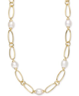Macy's - Cultured Freshwater Pearl (9-3/4 x 10-3/4mm) Oval Link 18" Collar Necklace in 14k Gold-Plated Sterling Silver