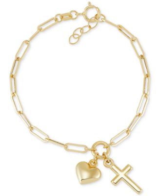 Macy's - Children's Cross & Heart Paperclip Link Charm Bracelet in 14k Gold