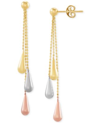 Italian Gold - Tri-Gold Linear Drop Earrings in 14k Yellow, White and Rose Gold