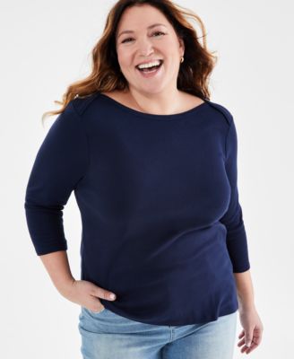 Style & Co - Plus Size Cotton Boat-Neck 3/4-Sleeve Top