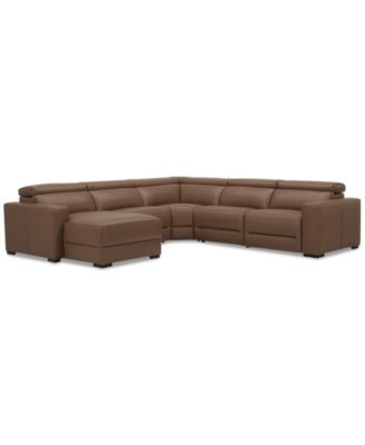 Furniture - Nevio 124" 5-Pc. Leather Sectional with 1 Power Recliner, Headrests and Chaise