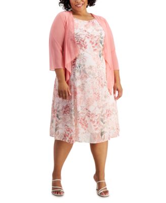 Connected - Plus Size Open-Front Jacket & Printed Chiffon Dress