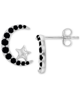 Macy's - Black Spinel Crescent Moon & Star Stud Earrings (5/8 ct. t.w.) in Sterling Silver