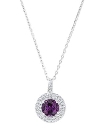 Macy's - Amethyst (1-1/5 ct. t.w.) & Lab-Grown White Sapphire (3/8 ct. t.w.) Halo Birthstone Pendant Necklace in Sterling Silver, 16" + 2" extender (Also in Additional Birthstones)