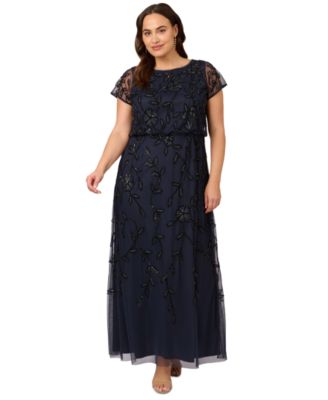 Adrianna Papell - Plus Size Blouson Beaded Short-Sleeve Gown