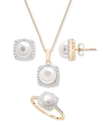 Macy's - 3-Pc. Set Cultured Freshwater Pearl (6-7mm) & Diamond Accent Pendant Necklace, Earrings, and Ring in 14k Gold-Plated Sterling Silver