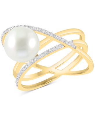 EFFY Collection - Freshwater Pearl (8-1/2mm) & Diamond (1/10 ct. t.w.) Multirow Crossover Statement Ring