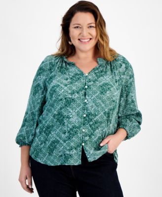 Style & Co - Plus Size Scandi Tile Shine V-Neck Blouse