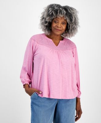Style & Co - Plus Size Mesh-Trim Raglan-Sleeve Blouse