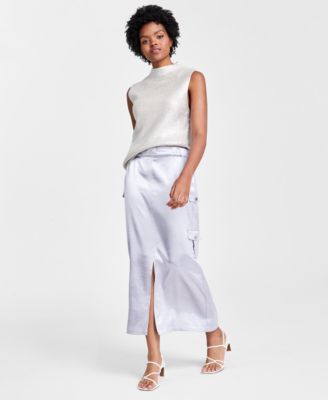 Bar III - Women's Shiny Front-Slit Midi Cargo Skirt