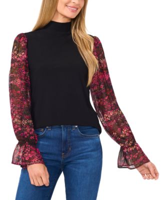 CeCe - Women's Mixed-Media Mock Neck Top