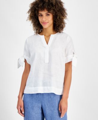 Charter Club - Linen Split-Neck Tie-Cuff Top