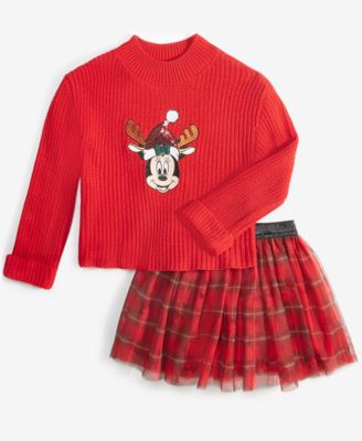 Disney - Toddler & Little Girls Minnie Mouse Sweater & Printed Tulle Skirt, 2 Piece Set