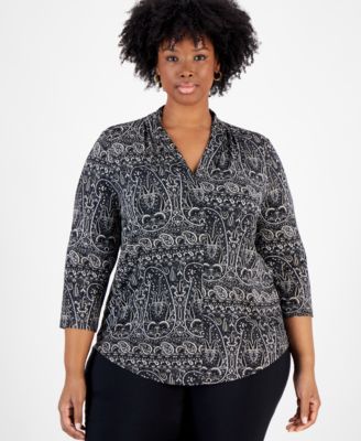 JM Collection - Plus Size Paisley-Print 3/4-Sleeve V-Neck Top