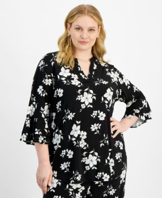 Kasper - Plus Size Split-Neck Floral Flutter-Sleeve Top