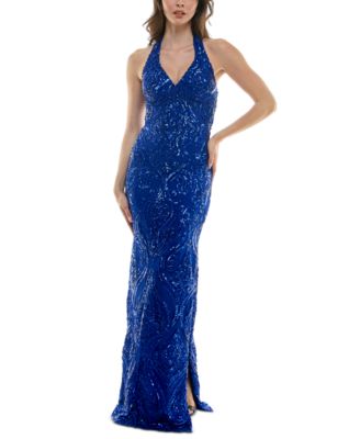 B Darlin - Juniors' Sequined Halter V-Neck Open-Back Gown