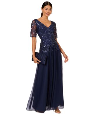 Adrianna Papell - Women's Embellished Mesh V-Neck Gown