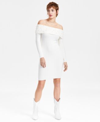 GUESS - Women's Off-The-Shoulder Embellished Cable-Knit Dress