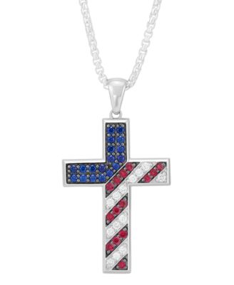 Grown With Love - Men's Lab Grown Multi-Gemstone (2-1/2 ct. t./w.) Flag Cross 22" Pendant Necklace in Sterling Silver