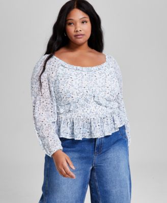 And Now This - Trendy Plus Size Printed Ruffled Blouson-Sleeve Top, Exclusively at Macy's