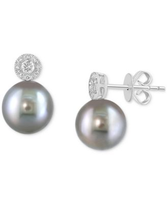EFFY Collection - Cultured Black Tahitian Pearl (9mm) & Diamond (1/4 ct. t.w.) Stud Earrings in 14k White Gold