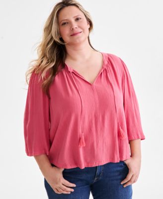 Style & Co - Plus Size Split-Neck Tasseled-Tie Top