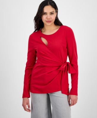 I.N.C. International Concepts - Women's Cotton Long Sleeve Faux-Wrap Top