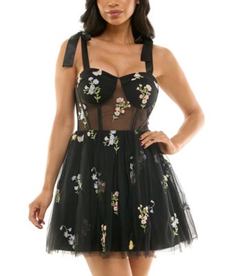 City Studios - Juniors' Embroidered Tulle Mesh Sleeveless Dress