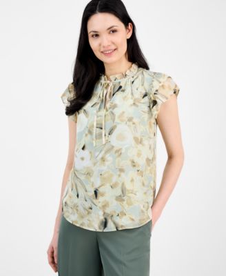 Anne Klein - Petite Printed Ruffled-Sleeve Tie-Neck Blouse