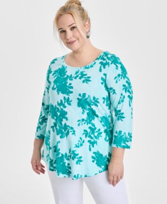 JM Collection - Plus Size Shadow Scoop-Neck 3/4-Sleeve Top